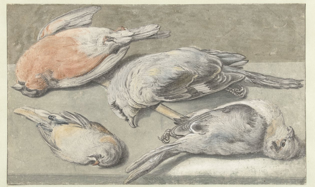 Stilleven met vier dode vogels door Elias Vonck