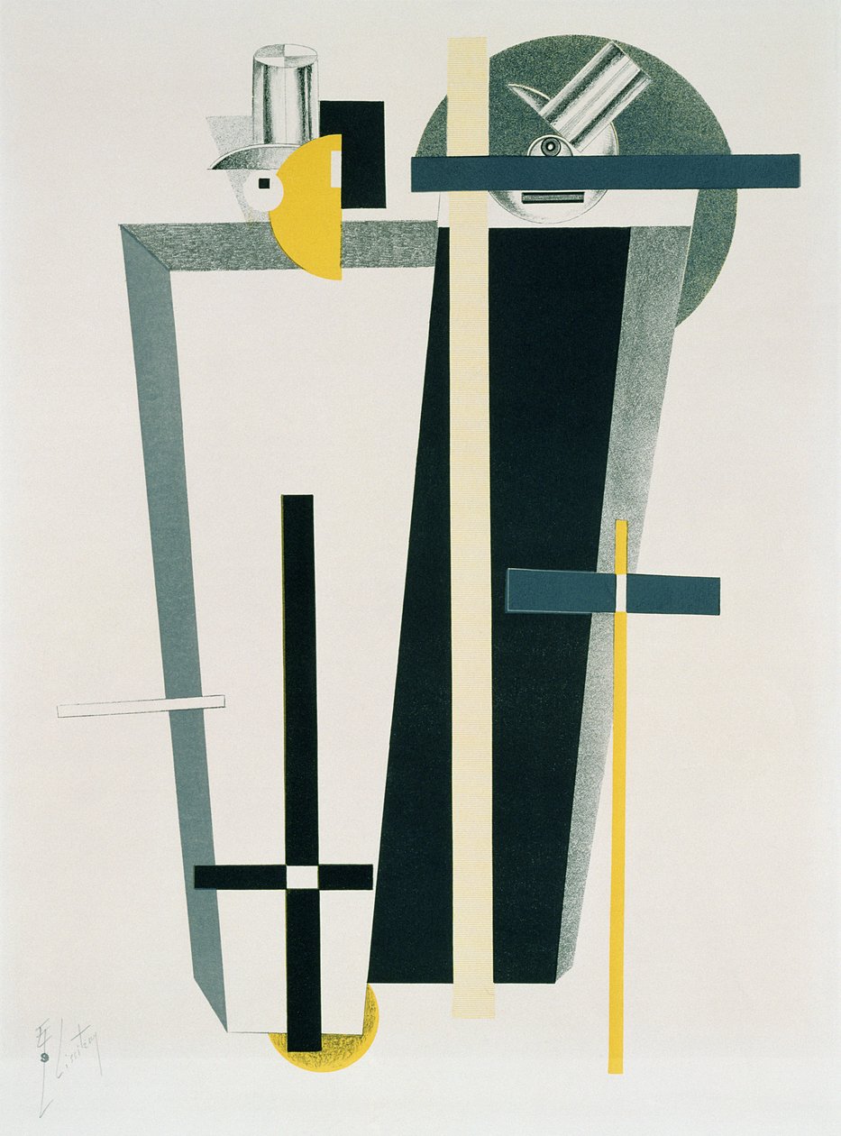 Abstracte compositie in grijs, geel en zwart door Eliezer Markowich Lissitzky