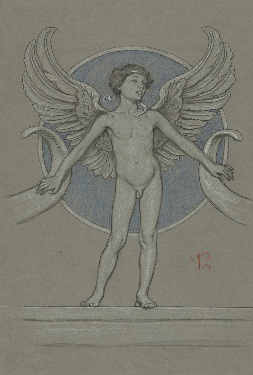 Jongen met vleugels en hoorn des overvloeds door Elihu Vedder