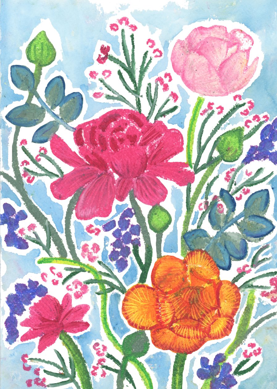 Ranonkels, 2018 (oliepastel) door Elizabeth Rider