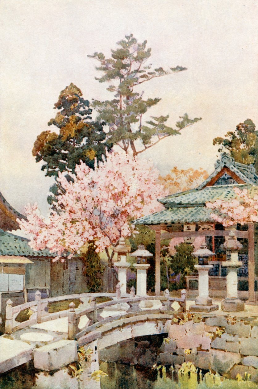Een heiligdom in Kyomidzu (kleurenlitho) door Ella Du Cane