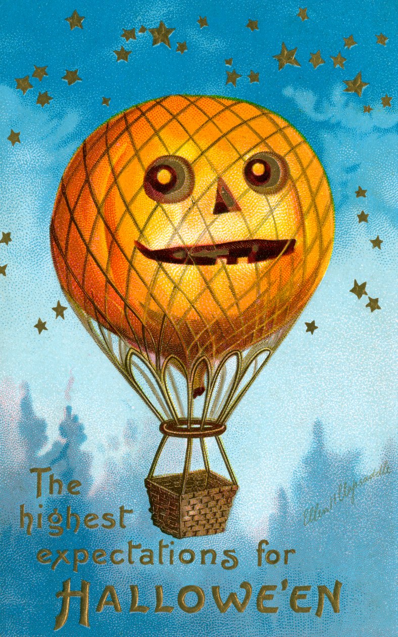 Een Halloween-pompoen heteluchtballon door Ellen Hattie Clapsaddle