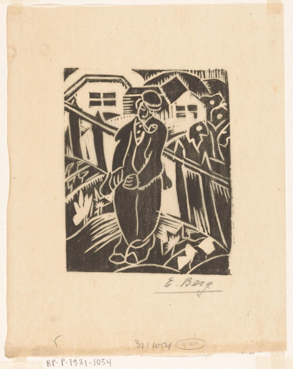 Man in moestuin door Else Berg (signed by artist)