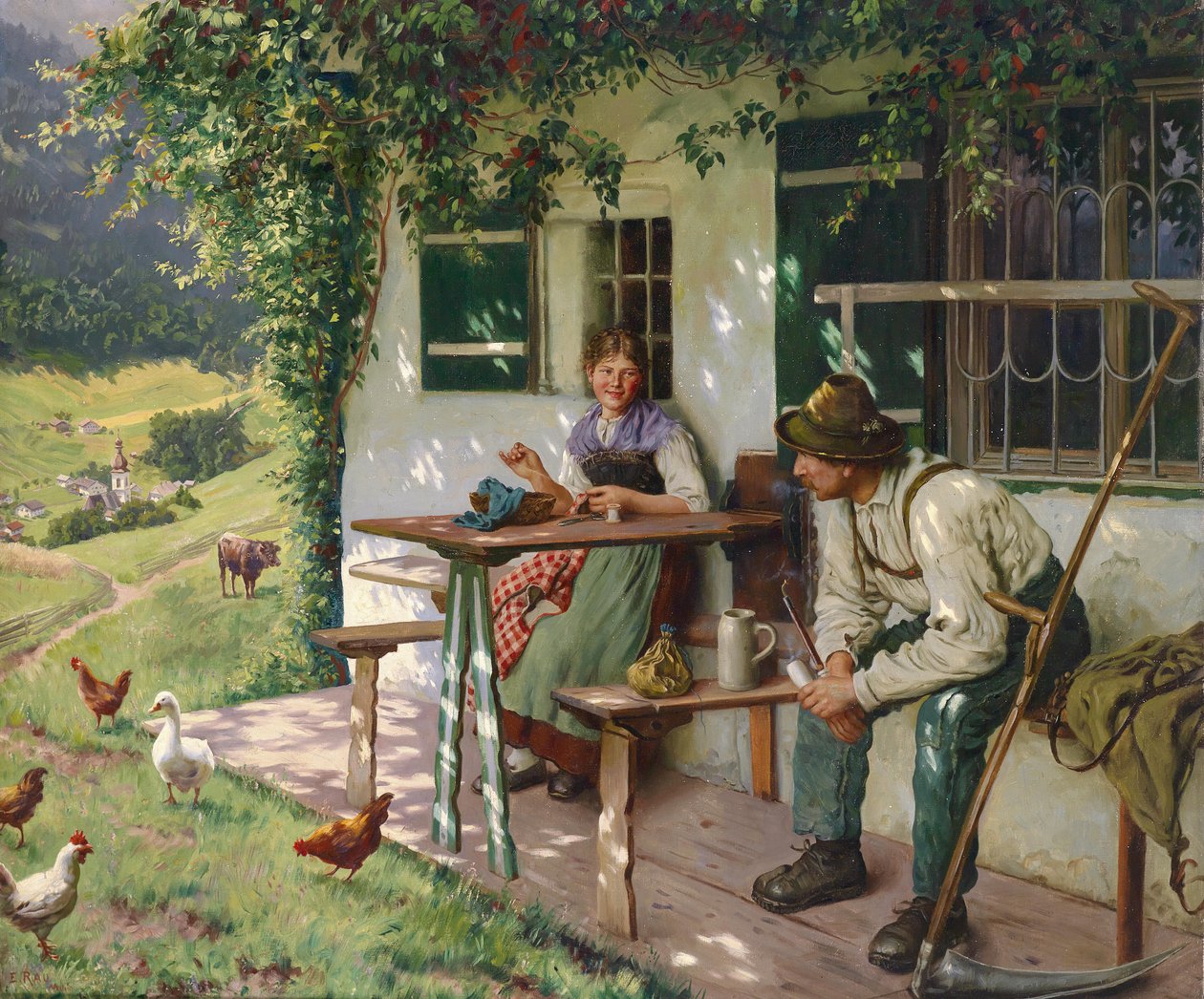 Jong paar voor een boerderij in Opper-Beieren, gesigneerd E. Rau, München, olie op doek, 110 x 132,5 cm door Emil Rau