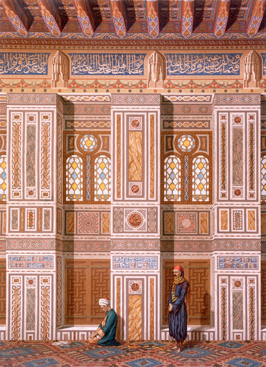 Caïro: Interieur van de moskee van Qaitbay; aanbidders bidden bij de zijmuur van de Mihrab 15e eeuw, 19e eeuw door Emile Prisse d