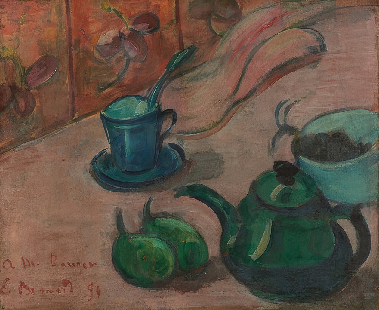 Stilleven met theepot, kopje en fruit door Emile Bernard