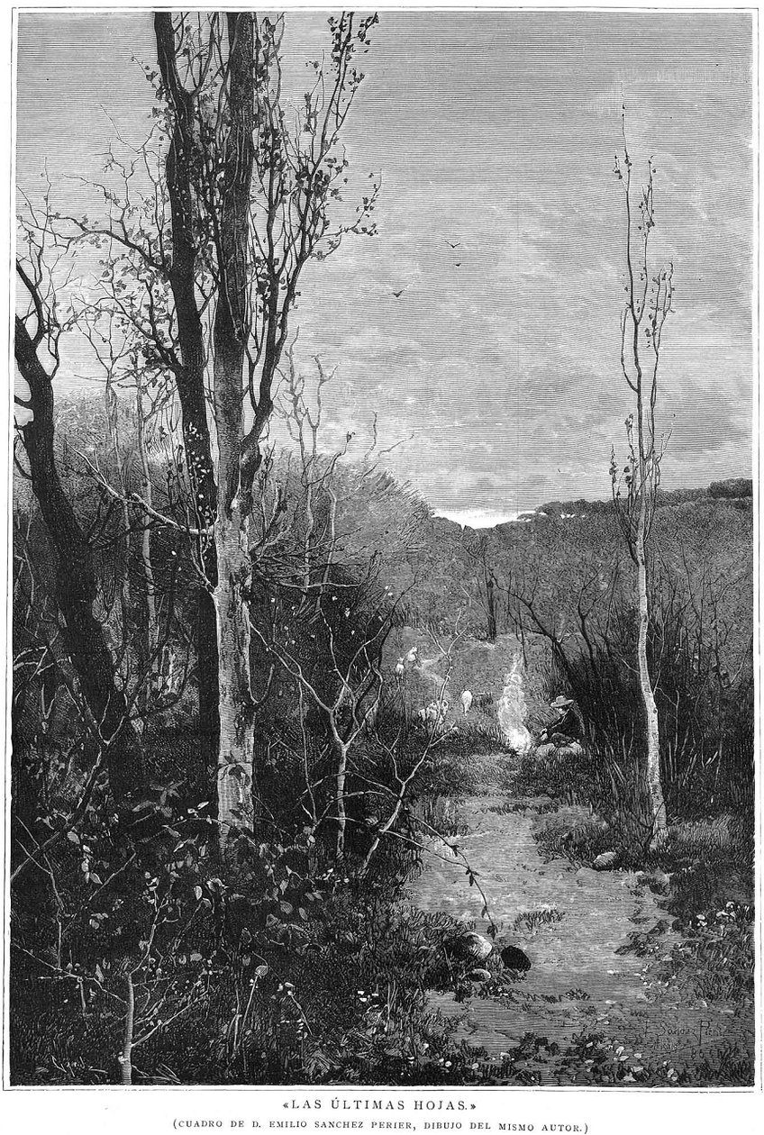 De laatste bladeren, schilderij van Emilio Sánchez Perrier, tekening van dezelfde auteur, gravure gepubliceerd in het Spaanse tijdschrift door Emilio Sánchez Perrier