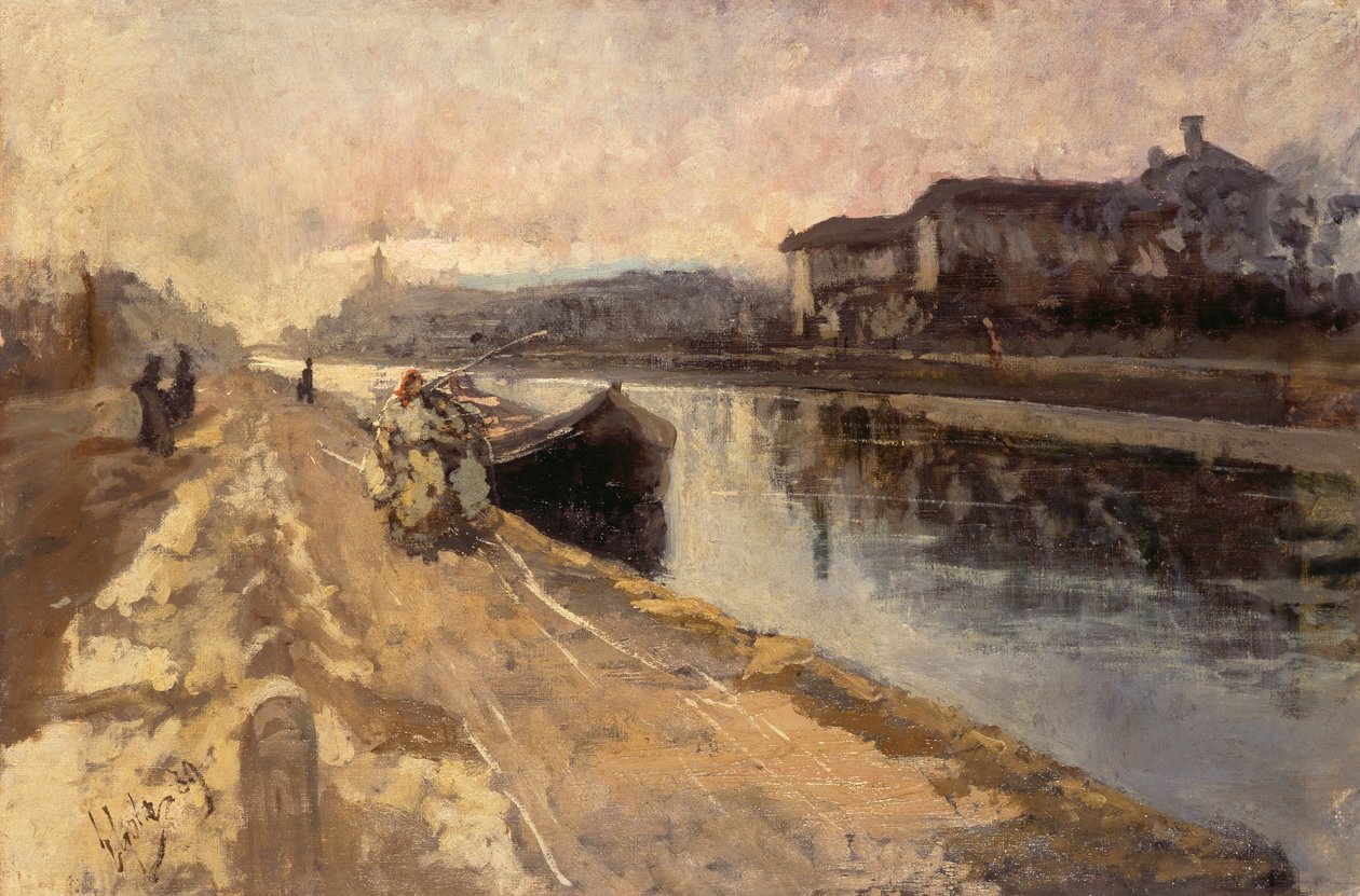 Gewone mensen langs het Naviglio-kanaal door Emilio Gola