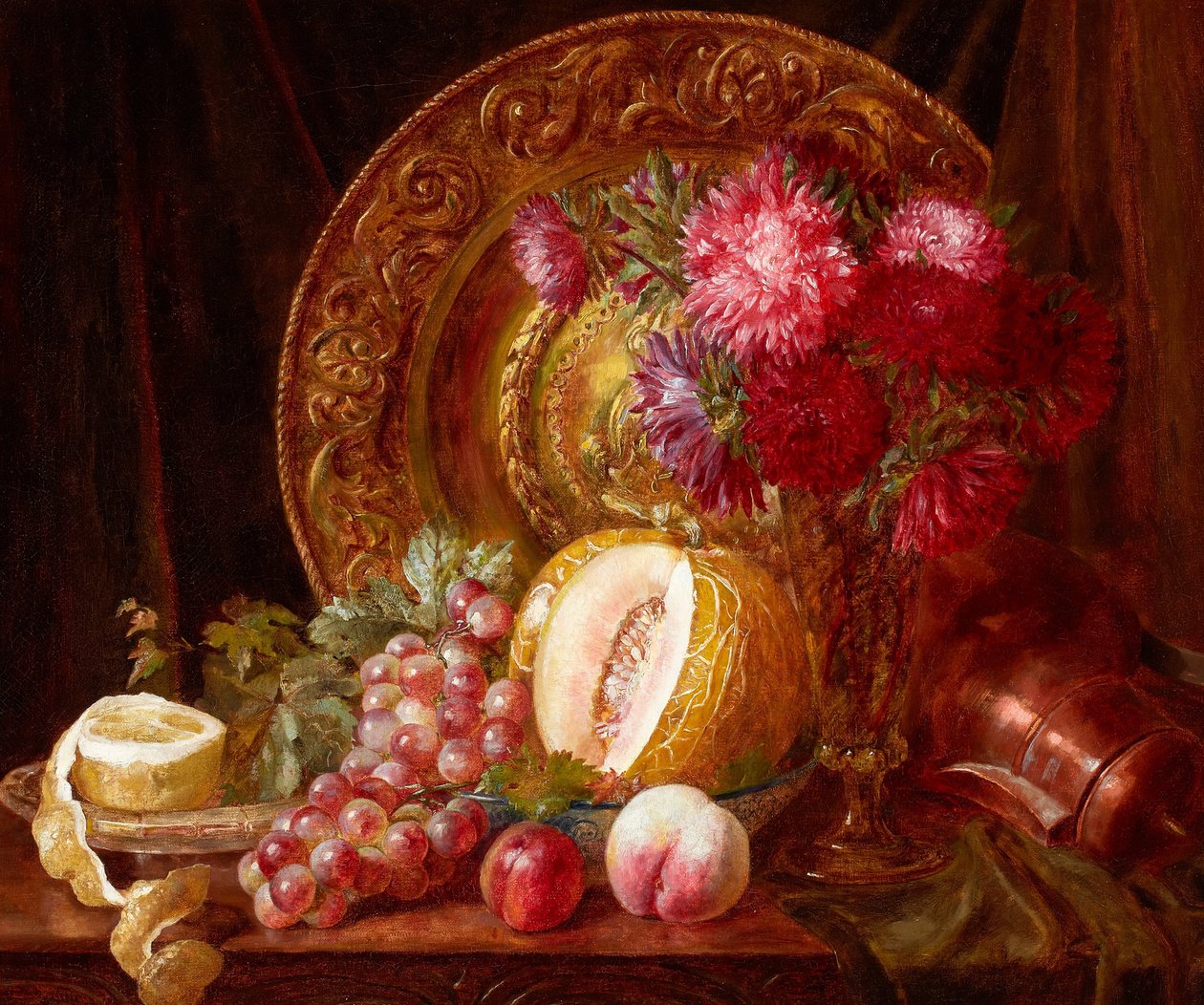 Chrysanten, fruit en bord door Emily Stannard