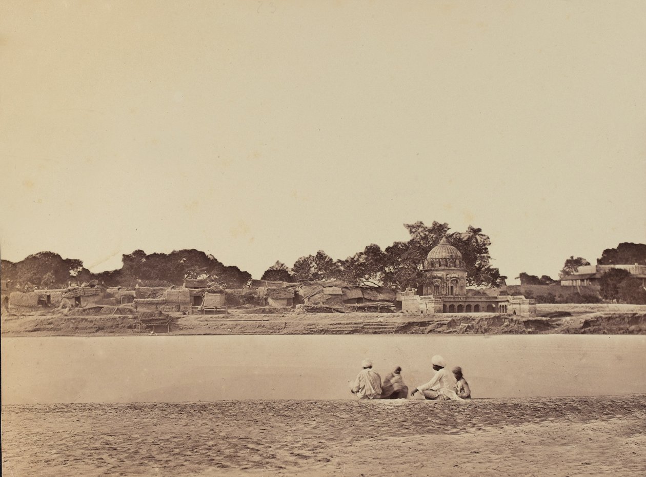 Dorp bij een rivier, ca. 1858 (sepia foto) door English Photographer