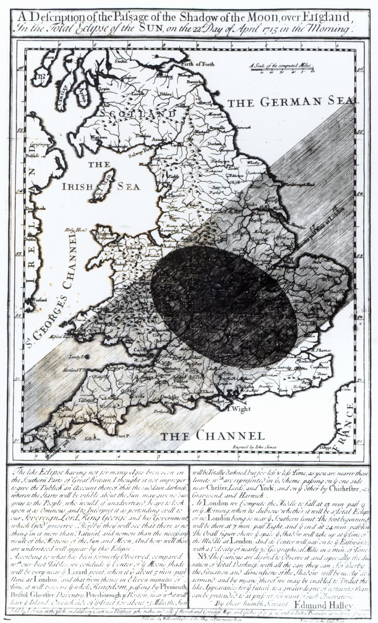 Een kaart die de passage van de schaduw van de maan over Engeland toont op 22 april 1715, gegraveerd door John Senex, 1715 door English School