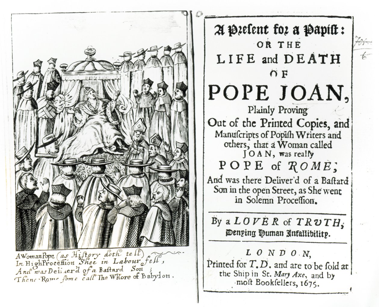 Een geschenk voor een papist, of het leven en de dood van paus Johanna, 1675 door English School
