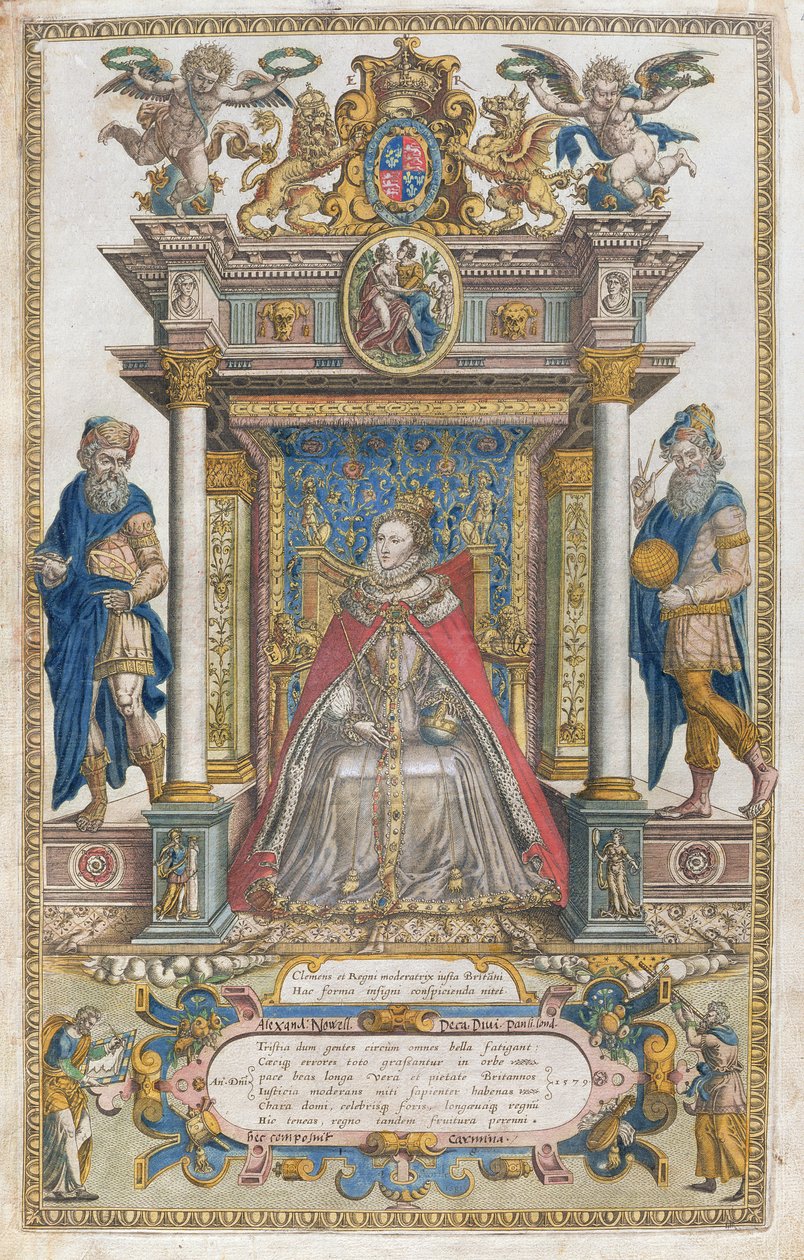 De toewijding aan koningin Elizabeth I uit een boek met kaarten van Engeland en Wales door Christopher Saxton, gepubliceerd in 1579 door English School