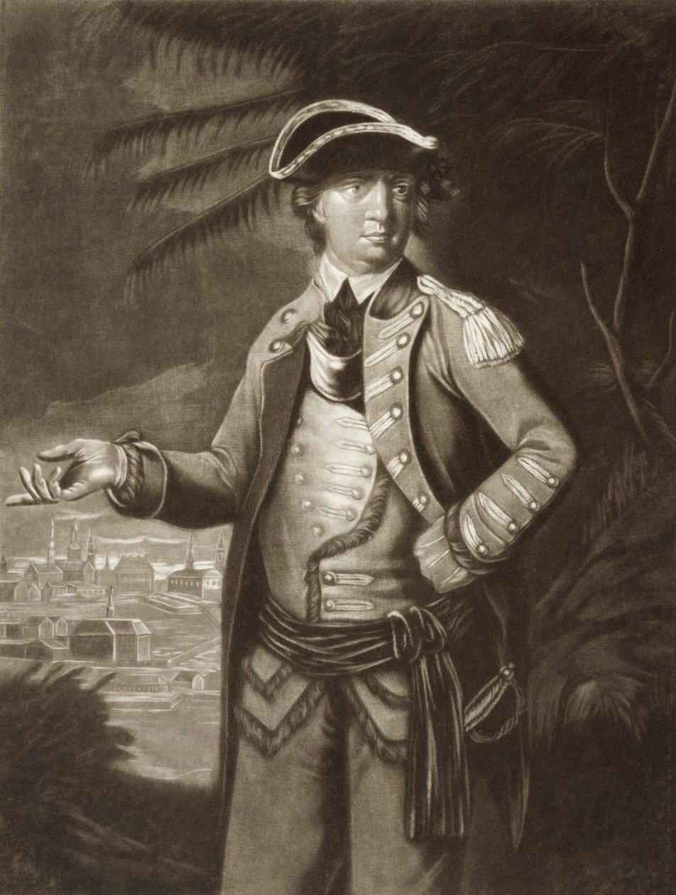 Benedict Arnold, naar een portret van 1766 met Quebec op de achtergrond door English School