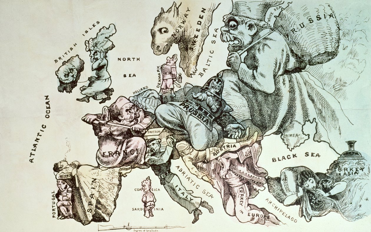 Komische kaart van Europa door Frederick Rose, c.1870 door English School
