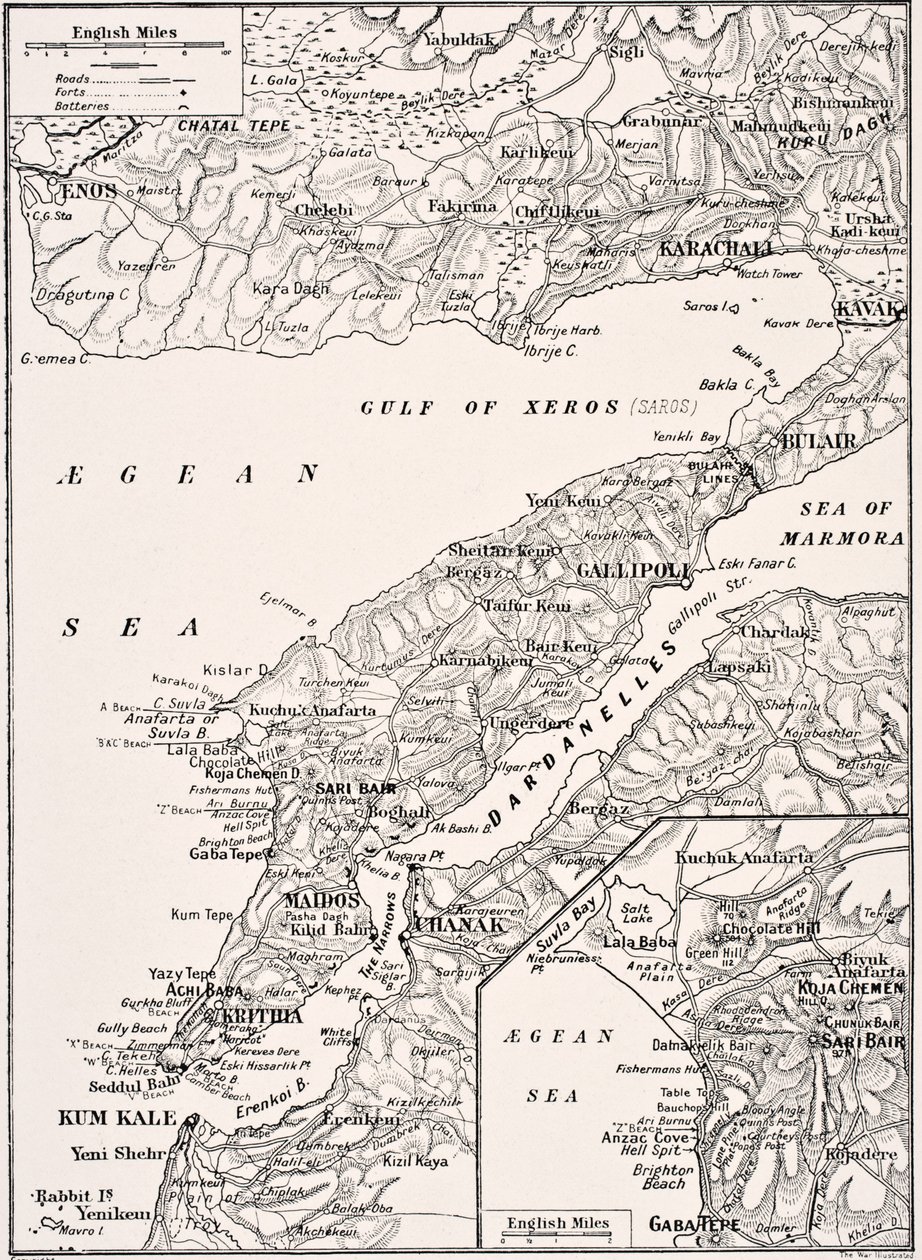 Gedetailleerde kaart van het Gallipoli-schiereiland en de Dardanellen Turkije, 1915, uit 