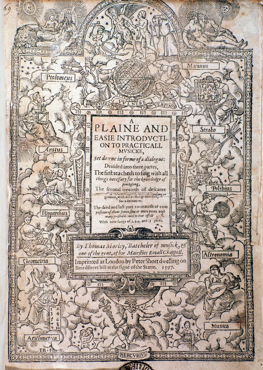 Frontispice uit A Plaine and Easie Introduction to Practicall Musicke door Thomas Morley, Detail, 1597 door English School
