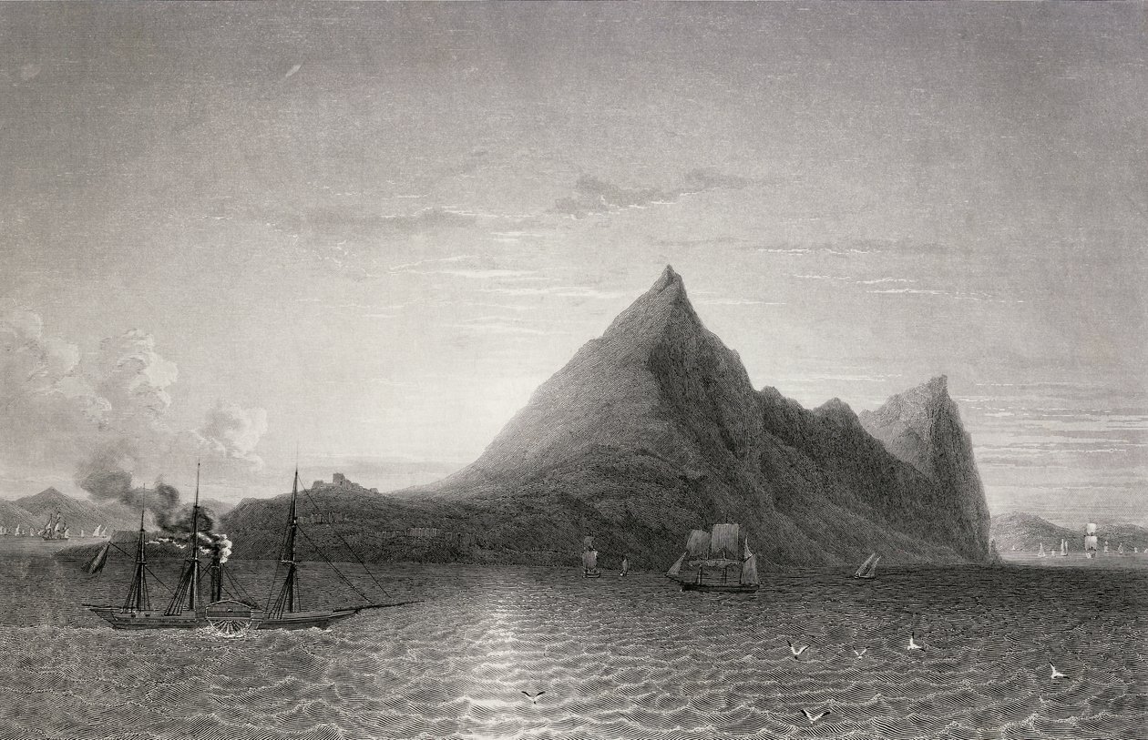 Gibraltar met stoomschip en zeilschip op de voorgrond door English School