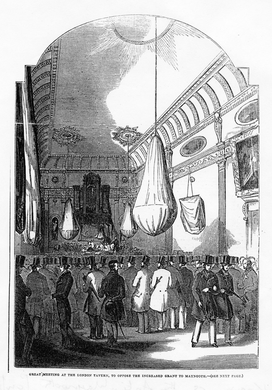 Grote bijeenkomst in de London Tavern om zich te verzetten tegen de verhoogde subsidie aan Maynooth, c.1840s door English School