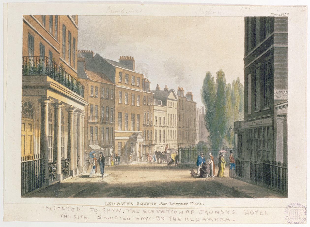 Leicester Square vanaf Leicester Place, Londen, plaat 2 uit Volume 7 van Ackermanns Repository of Arts, 1812 door English School
