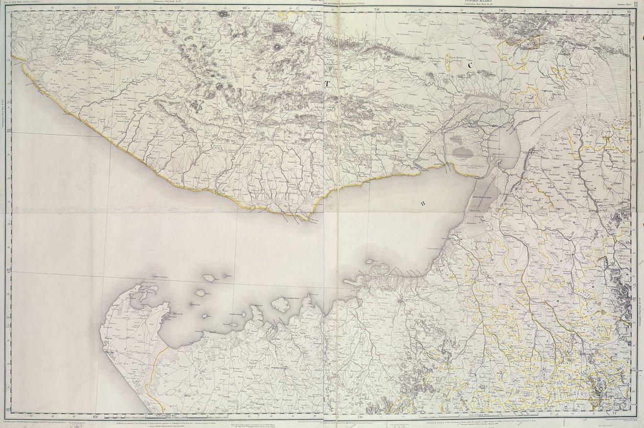 Kaart van Cutch en Kathiawar, gepubliceerd onder leiding van kolonel G.C. de Pree, S.C., Surveyor General of India, 1885 door English School