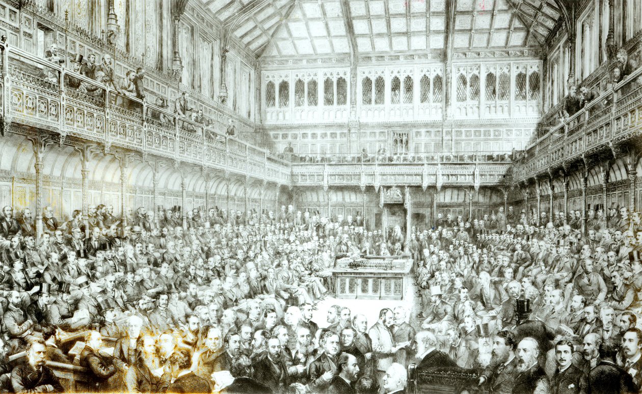 Mr. Gladstone introduceert de Landwet (Ierland), 7 april 1881 door English School