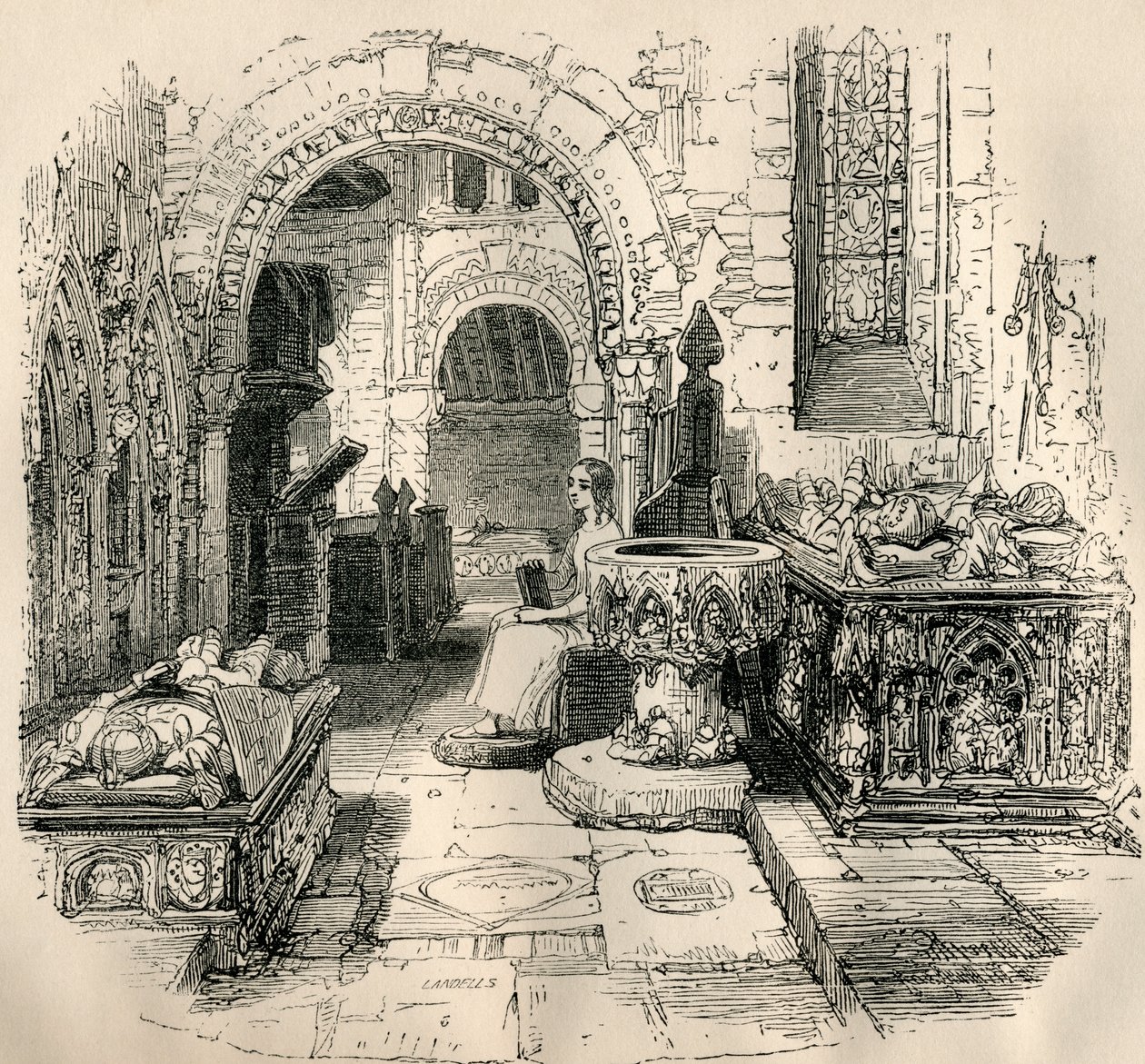 Nell Trent zittend in de oude kerk, uit 