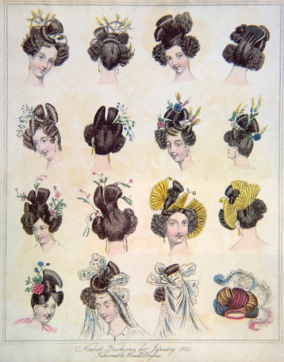 Nieuwste Mode voor januari 1831, Modieuze Hoofddeksels uit Vol VIII van De Wereld van Mode en Continentale Fenilletons, uitgegeven 1831 door English School