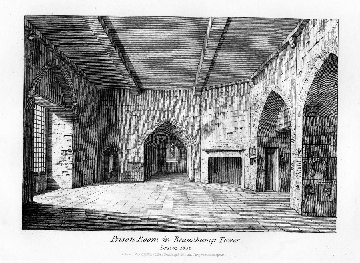 Gevangeniskamer in Beauchamp Tower, 1830 door English School