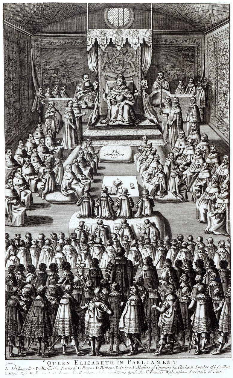 Koningin Elizabeth I (1533-1603) en het parlement door English School