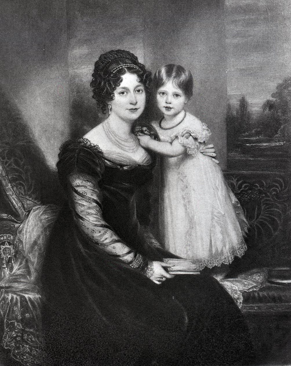 Koningin Victoria als kind met haar moeder de hertogin van Kent door English School