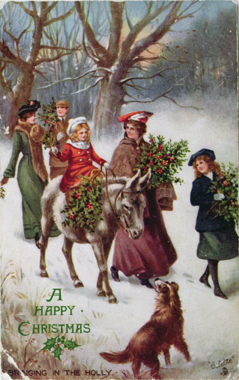 Rijden op de ezel door de sneeuw, kerstkaart door English School