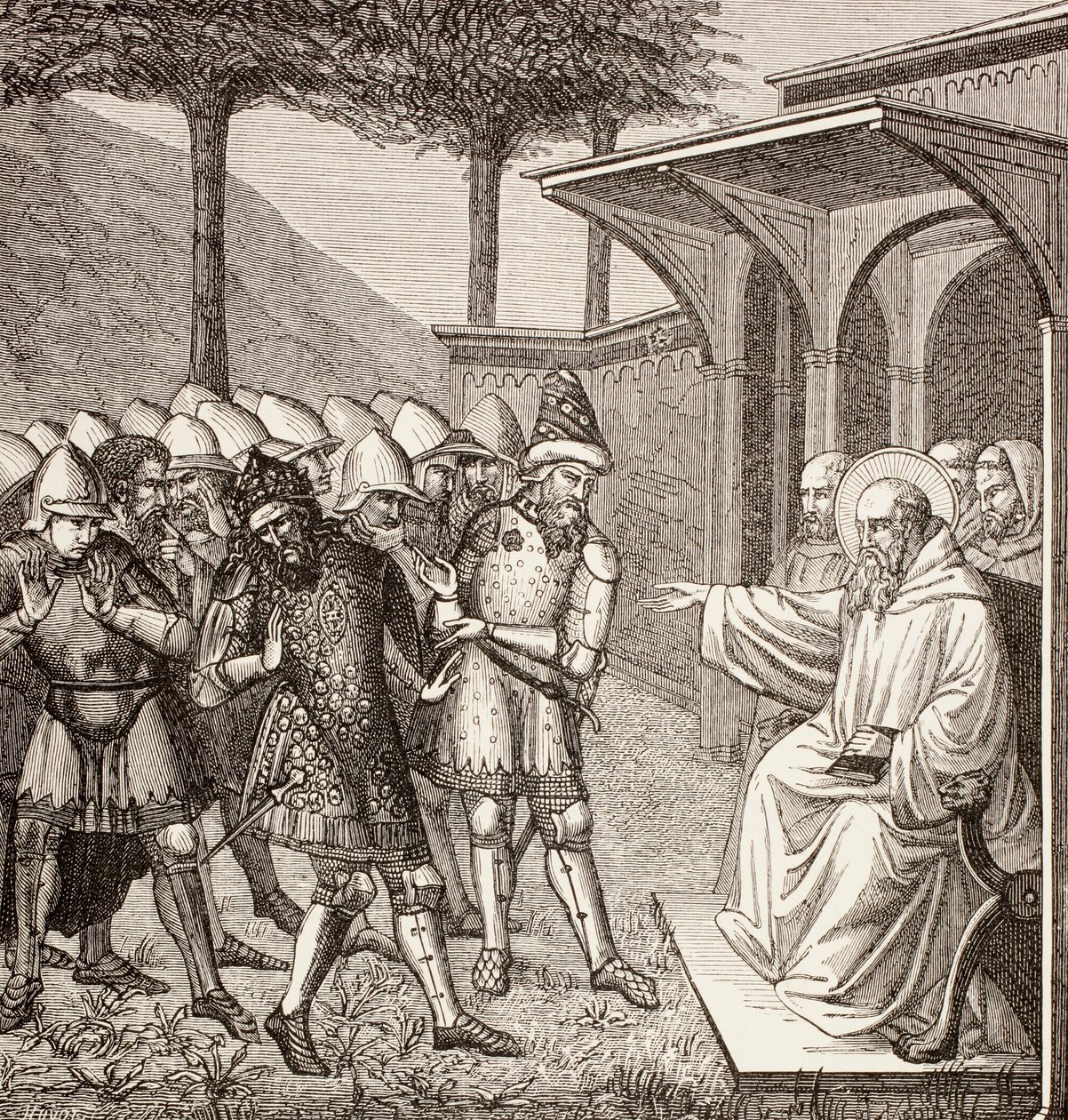 Sint Benedictus van Nursia berispt de koning van de Ostrogoten door English School