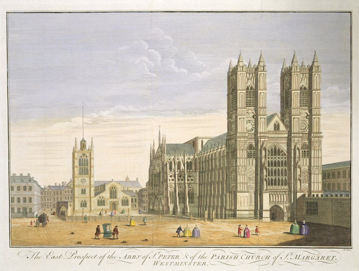 Het Oostelijke Uitzicht van de Abdij van St. Peter en de Parochiekerk van St. Margaret, Westminster, gegraveerd door B. Cole door English School