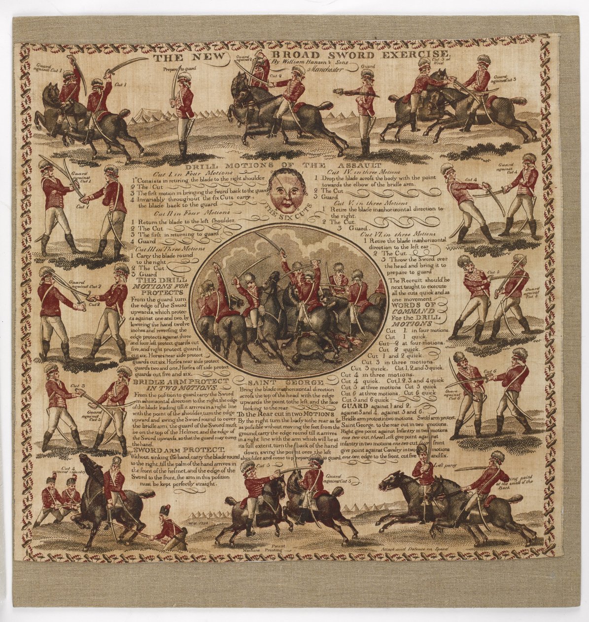 ‘The New Broad Sword Exercise’ katoenen zakdoek, 1798 (katoen) door English School
