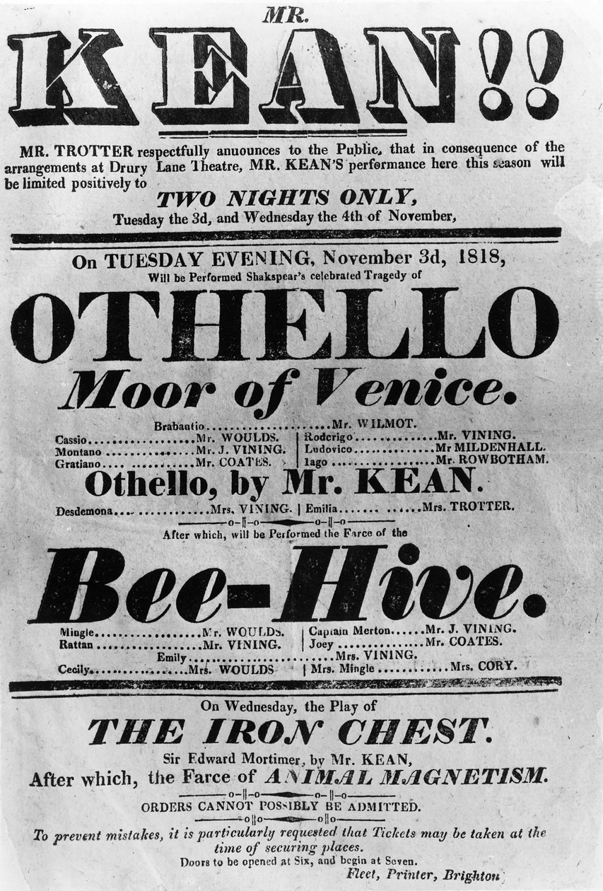 Theateraffiche voor optredens van Mr. Kean, 1818 door English School