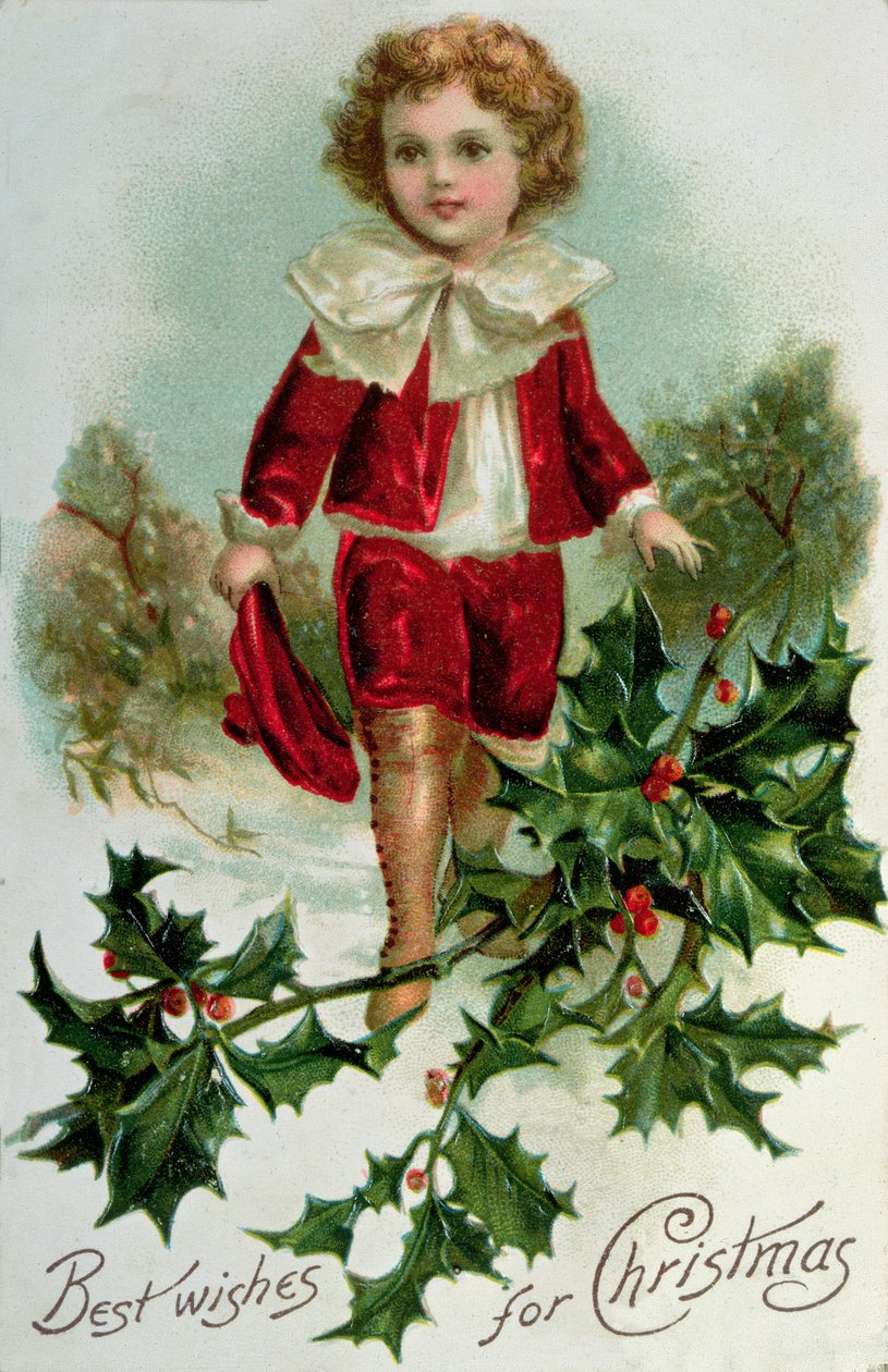 Victoriaanse kerstkaart met een jongen in rood in de sneeuw door English School