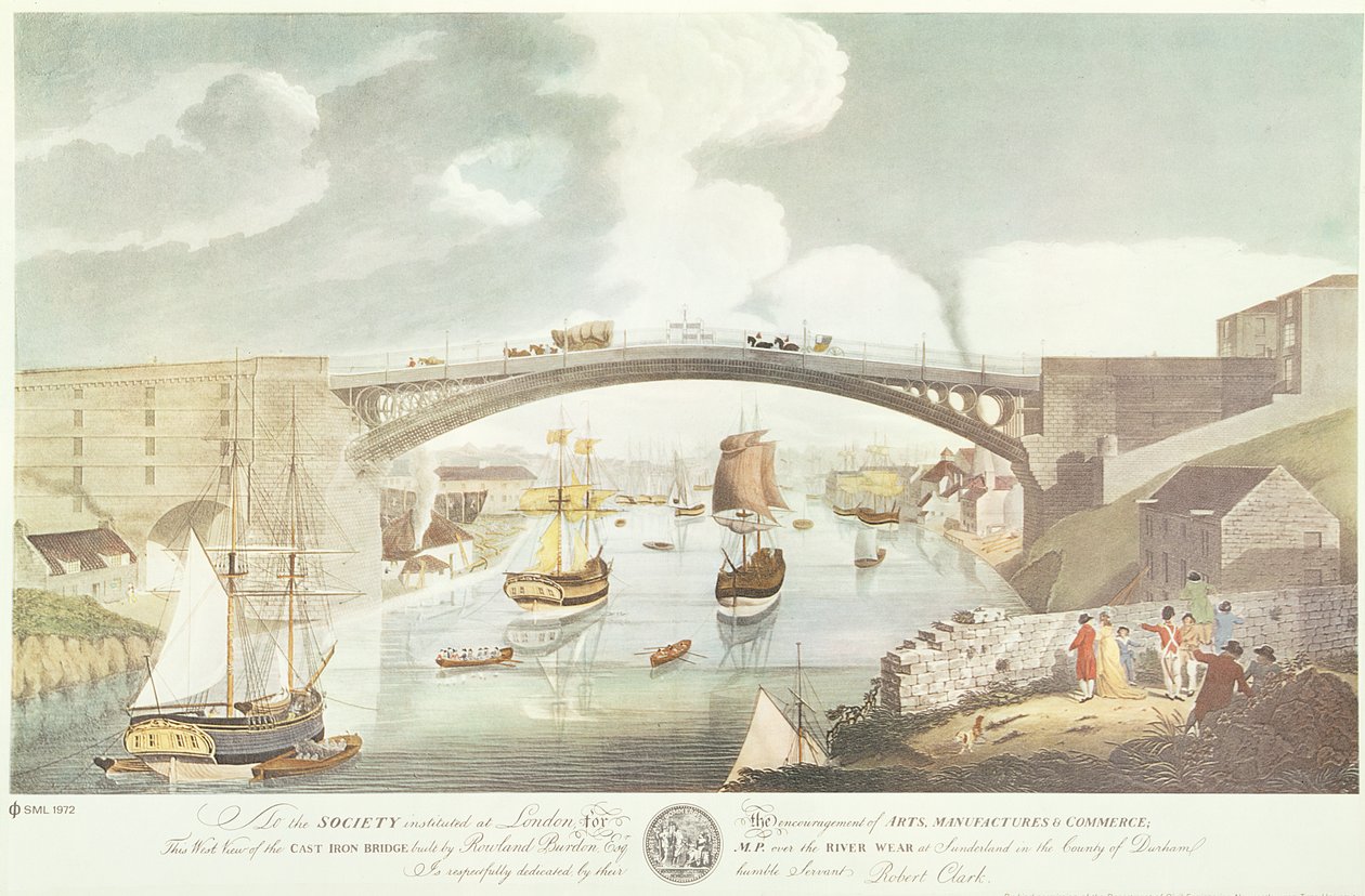 Westelijk uitzicht op de gietijzeren brug gebouwd door Rowland Burdon Esq., MP, over de rivier Wear bij Sunderland, ca. 1796 (handgekleurde gravure) door English School