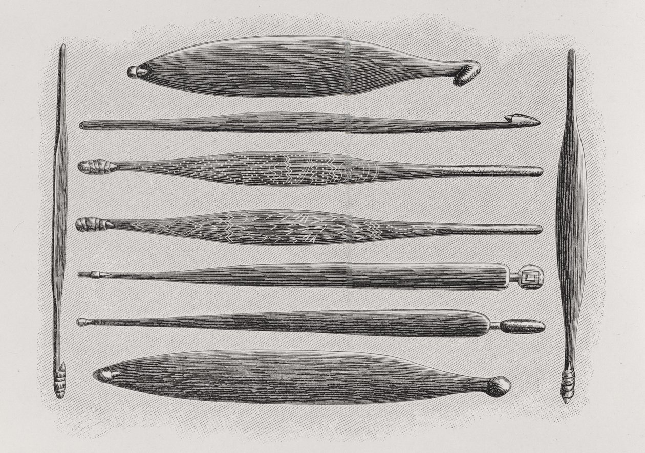 Wommeras of Werpstokken van de Australiërs, uit De Geschiedenis van de Mensheid, Deel 1, door Prof. Friedrich Ratzel door English School