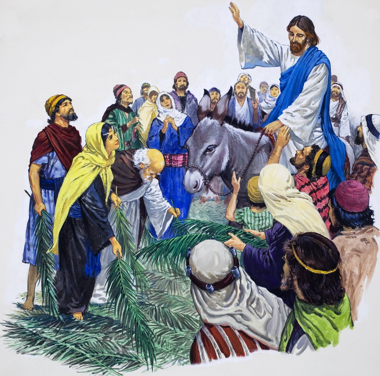 Christus die Jeruzalem binnengaat (gouache op papier) door English School