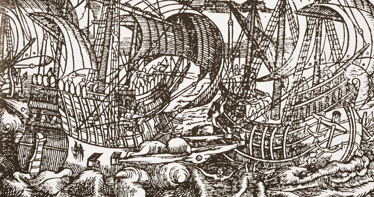 Hedendaagse houtsnede van oorlogsschip op zee door English School