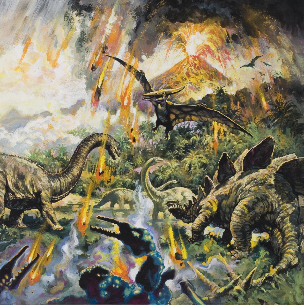 Dinosaurussen en vulkanen (gouache op papier) door English School