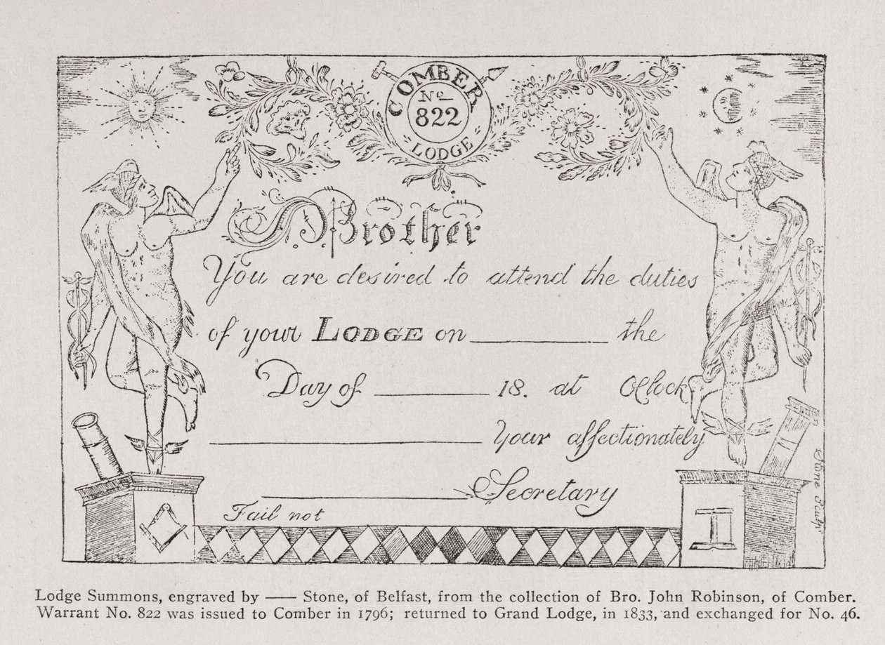 Oproep van de vrijmetselaarsloge, gedateerd 1796 door English School