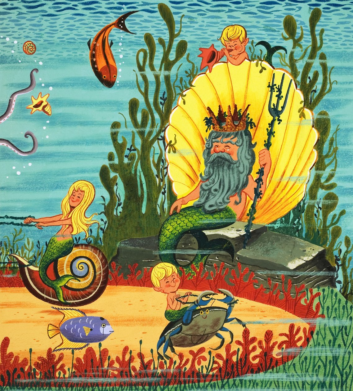 Zeemeerminvolk (gouache op papier) door English School