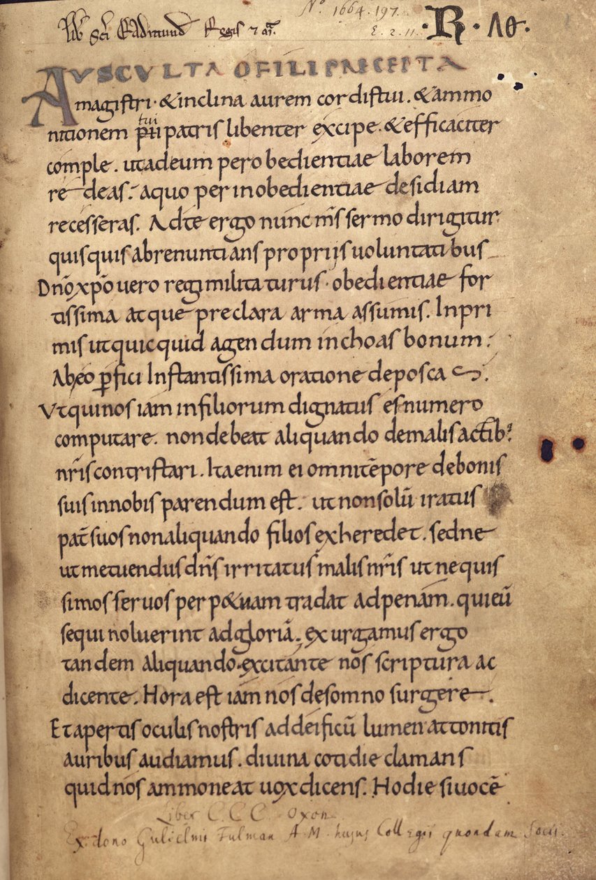 Ms. 197 f.1r Regel van St. Benedictus door English School