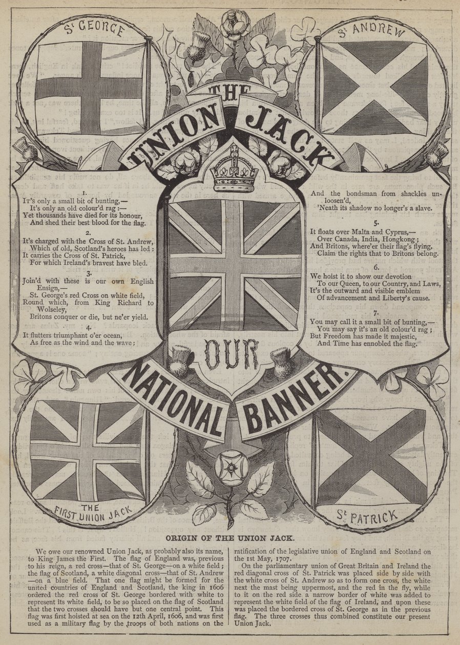 Oorsprong van de Union Jack (gravure) door English School