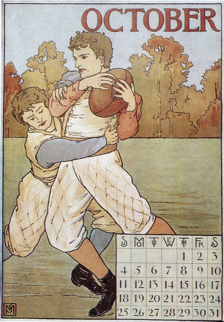 Rugbyspelers - Engelse kalender, circa 1895 door English School