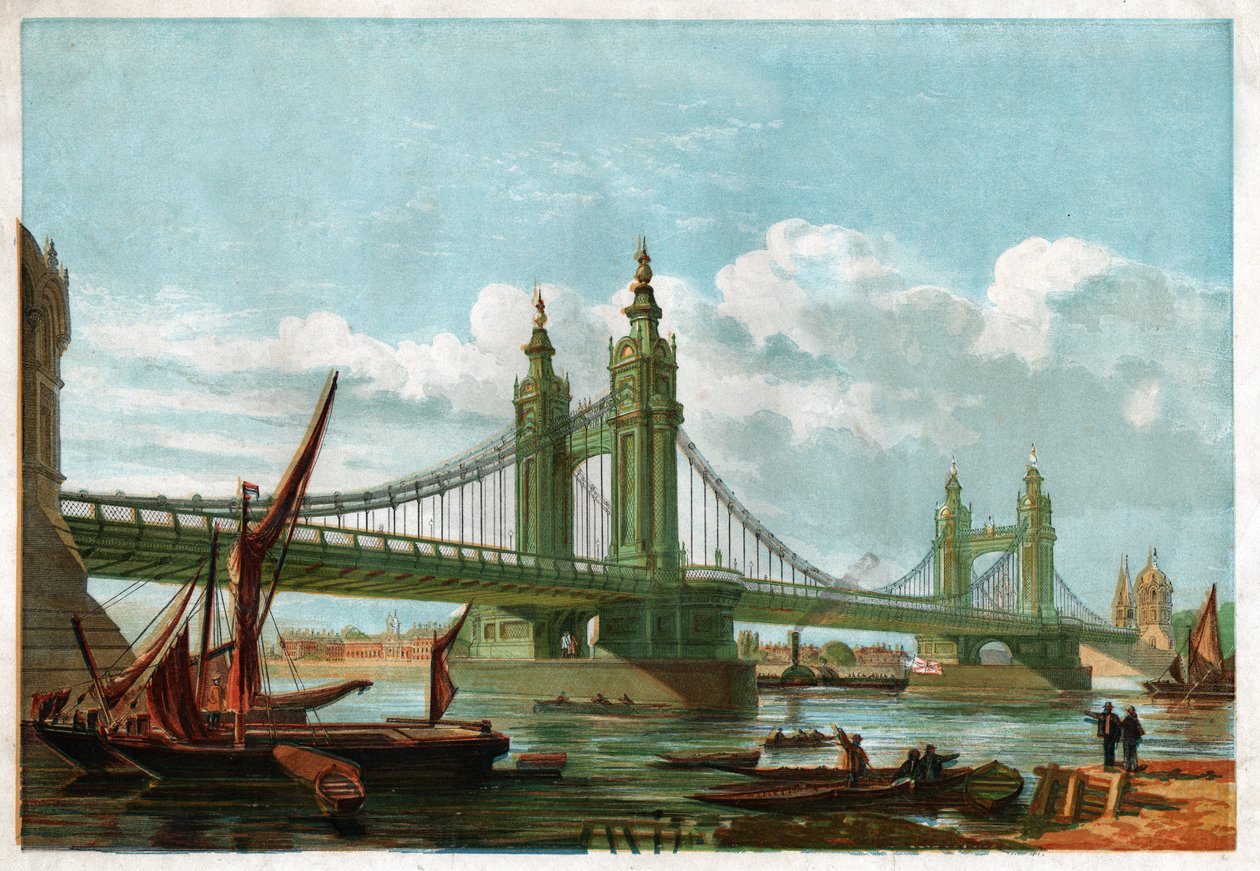De Chelsea Bridge, Londen (gravure, ca. 1860) door English School