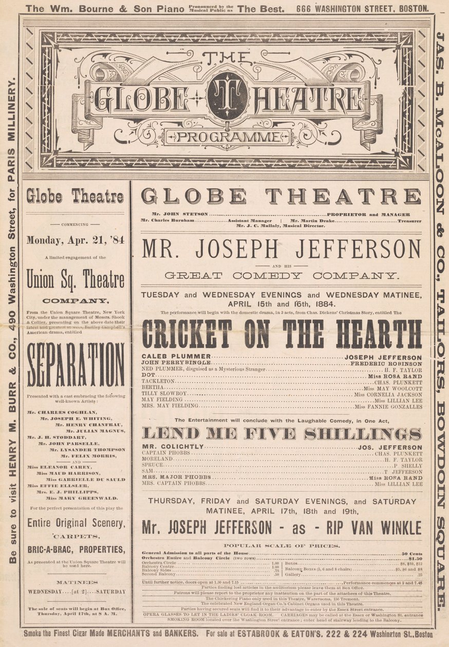 Het Globe Theatre Programma, 21 april 1884 door English School