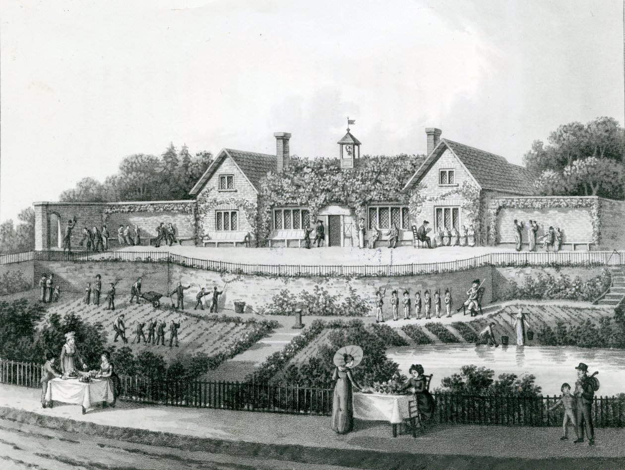 Het Werkhuis (gravure) door English School